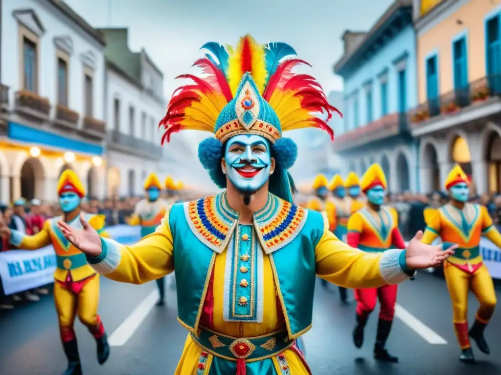 Desfile colorido y vibrante en el Carnaval Uruguayo, mostrando colaboraciones creativas