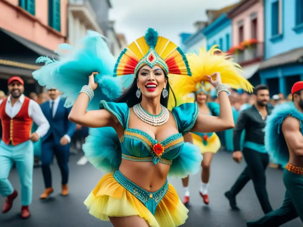 Desfile colorido y vibrante del Carnaval Uruguayo, lleno de música, baile y espectadores