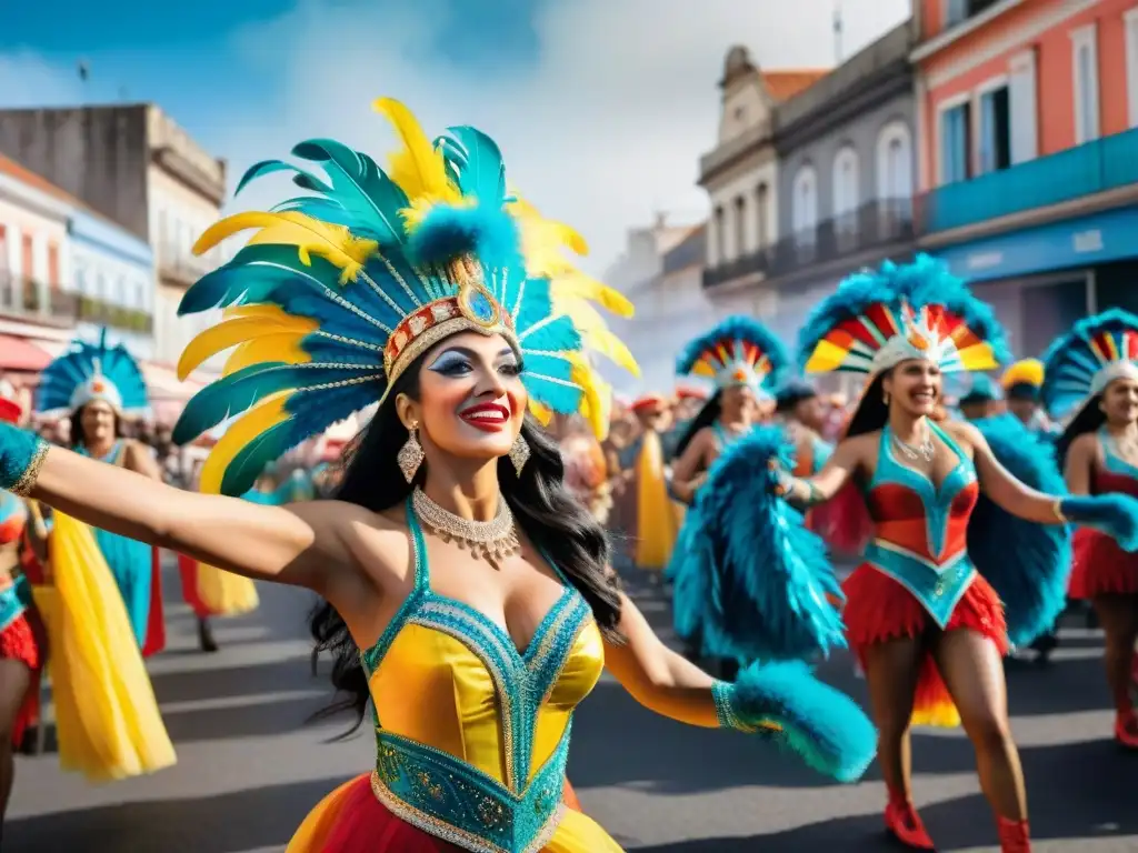 Desfile colorido y vibrante de comparsas del Carnaval Uruguayo, una experiencia completa llena de alegría y energía festiva