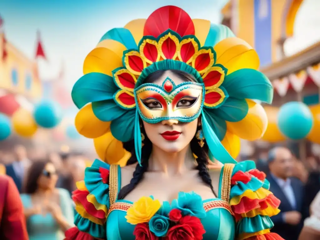 Un desfile colorido y vibrante con influencia italiana y española Carnaval: flotador, máscaras, bailarines y confeti