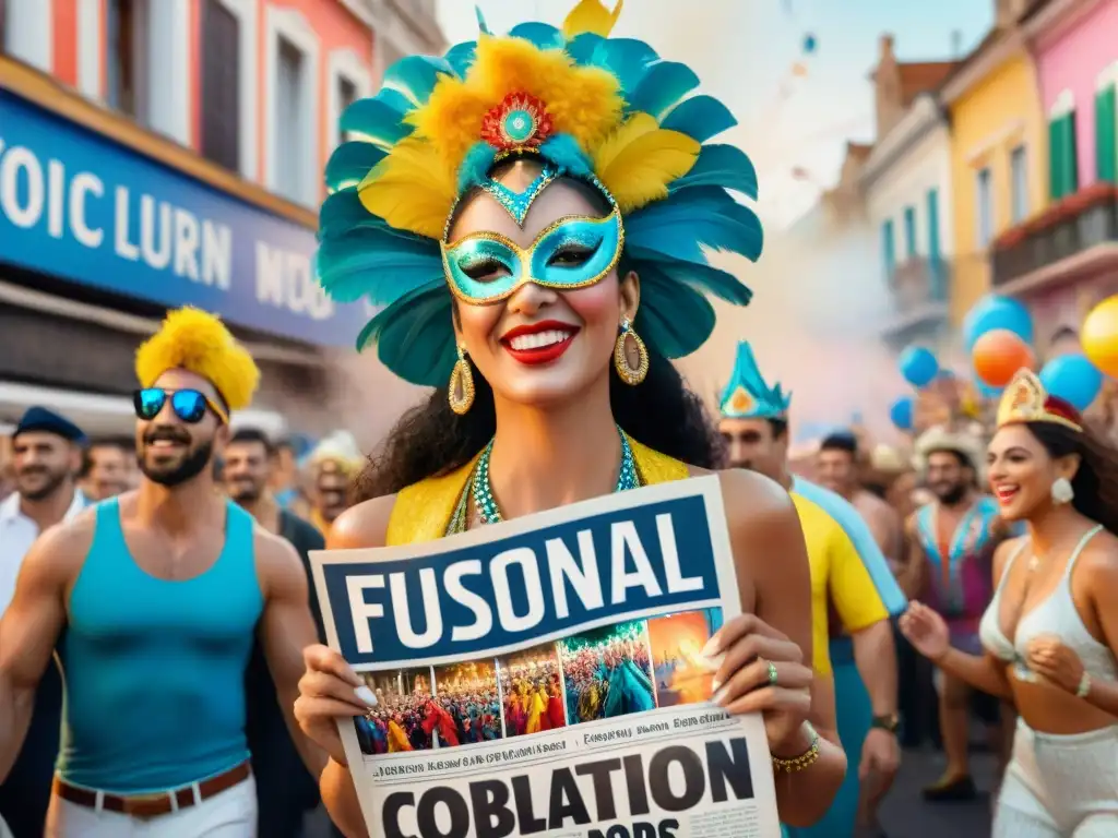 Un desfile colorido y vibrante fusionando revistas y Carnaval Uruguayo, mostrando colaboración y creatividad