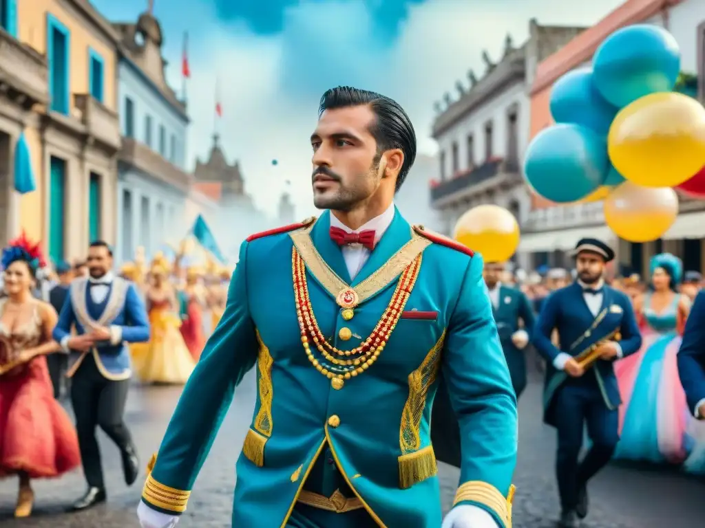 Desfile con coloridos carros alegóricos y personas bailando en el Carnaval Uruguayo, celebrando la salud cardiovascular