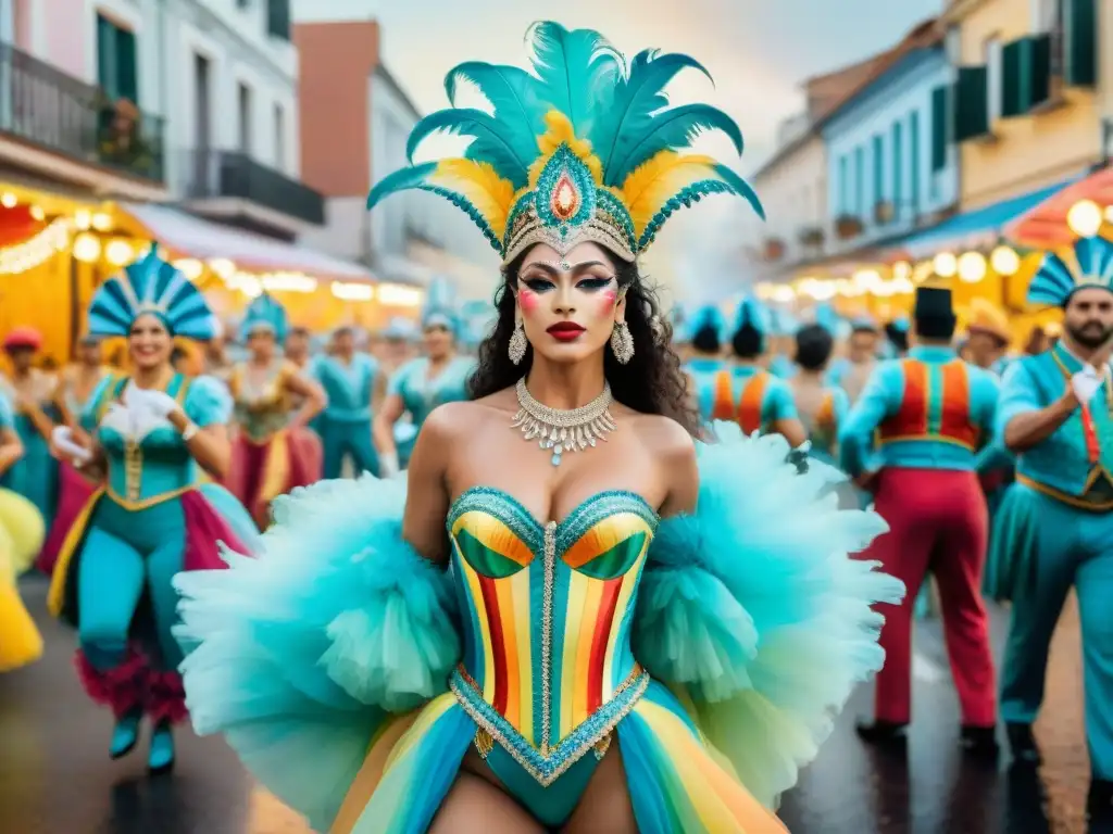 Desfile de comparsas LGBT+ Carnaval Uruguayo: Diversidad y celebración en vibrante acuarela