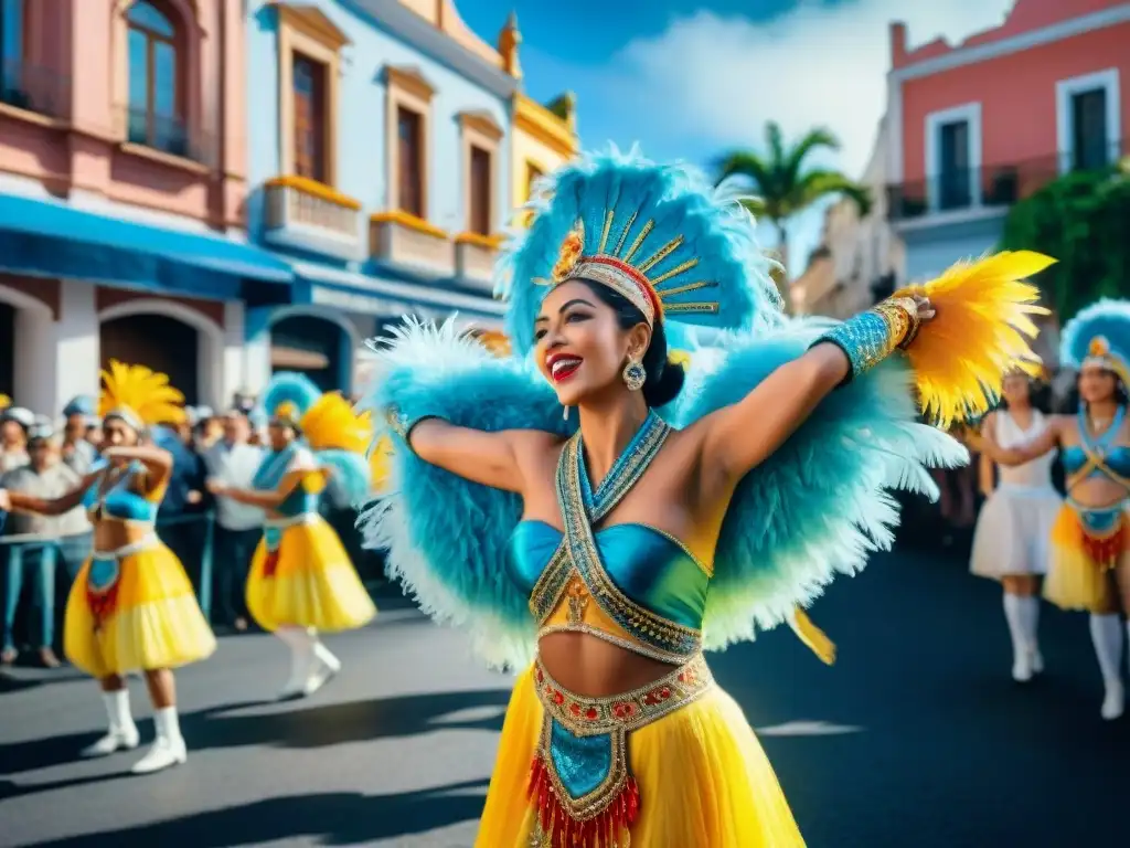 Un desfile de comparsas coloridas en Uruguay, con danzarines y espectadores en las calles