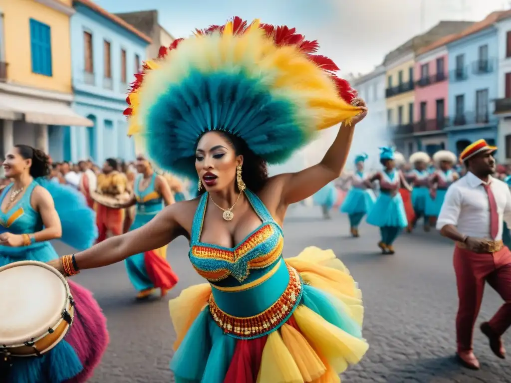 Desfile de comparsas en Uruguay con influencia africana en vibrantes trajes y ritmos