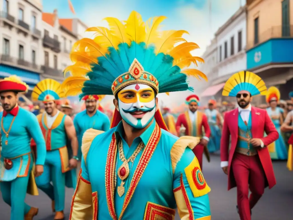 Un desfile de diseñadores jóvenes en vibrantes trajes de carnaval durante el Carnaval Uruguayo