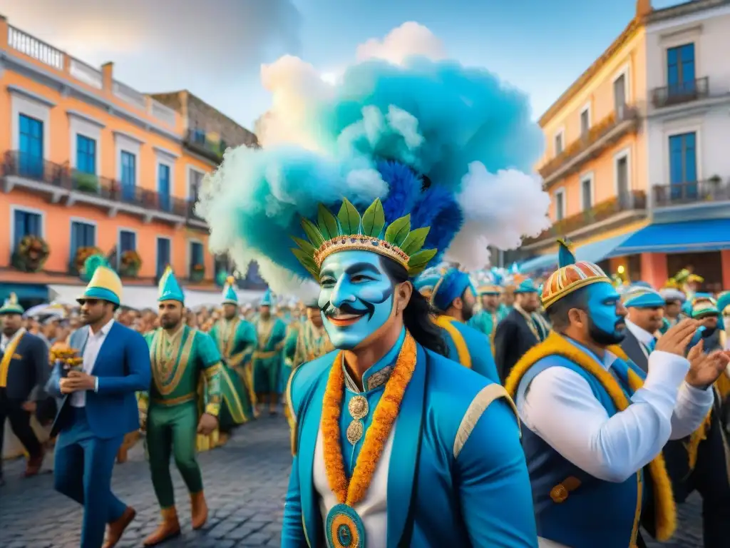 Desfile ecocarnaval en Uruguay con trajes sostenibles, carros coloridos y vegetación exuberante