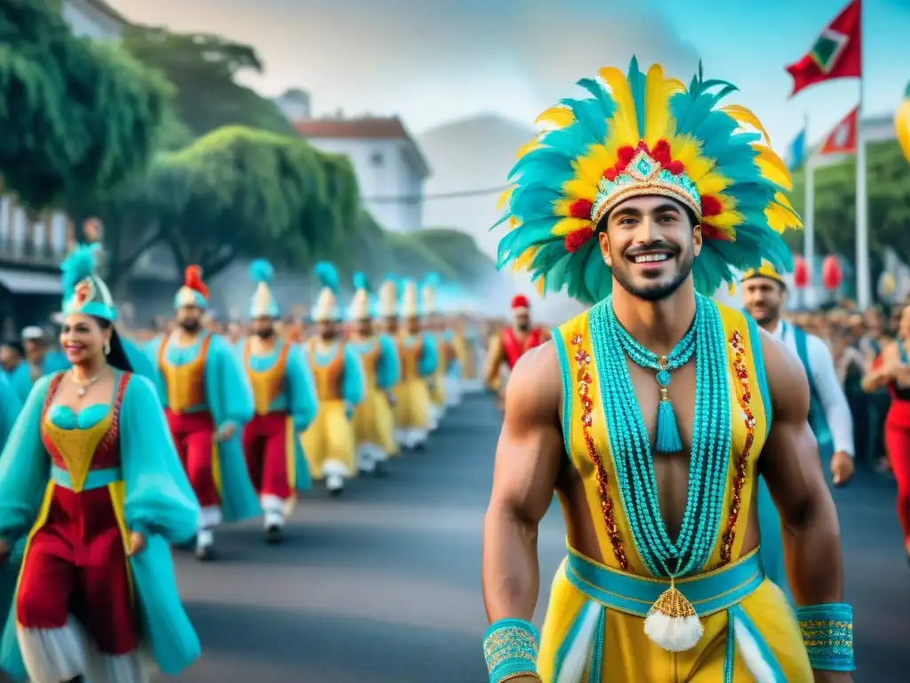 Desfile ecoeficiente en el Carnaval Uruguayo: coloridos disfraces sostenibles y decoraciones recicladas en un ambiente festivo y consciente