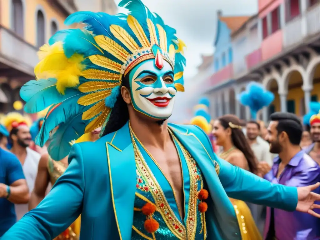 Desfile festivo de bailarines en Carnaval Uruguay