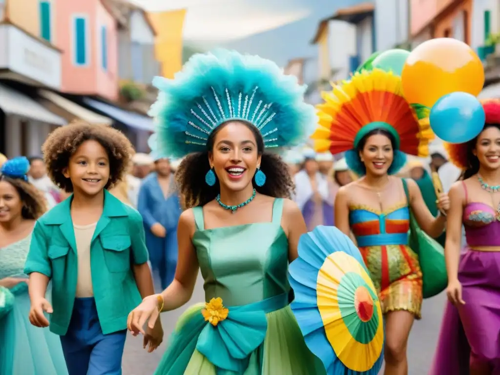 Un desfile festivo de niños con disfraces de reciclaje creativo en Carnaval Uruguay