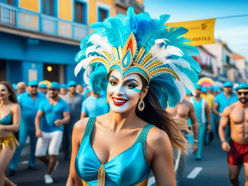 Desfile legendario del Carnaval Uruguayo con carrozas coloridas, bailarines y espectadores alegres bajo un cielo azul lleno de confeti y serpentinas