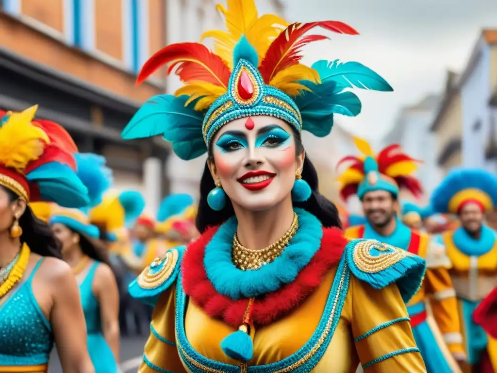 Desfile legendario del Carnaval Uruguayo: una ilustración detallada y vibrante muestra la festividad y la rica cultura de Uruguay