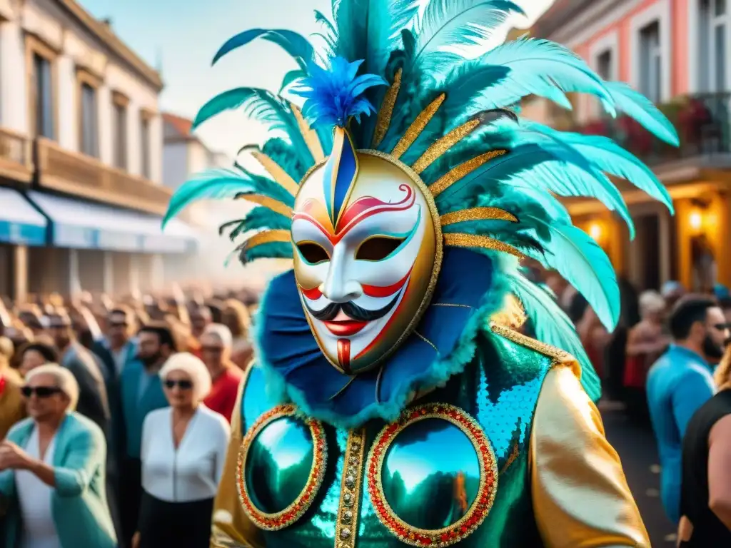 Desfile legendario del Carnaval Uruguayo: carroza majestuosa rodeada de espectadores y coloridos trajes