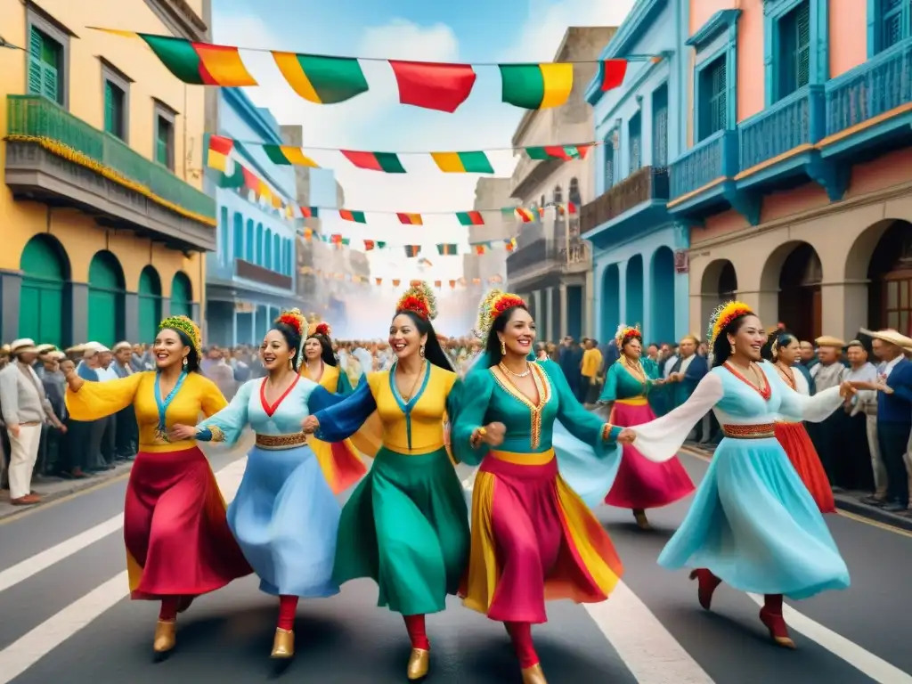 Desfile de Llamadas en Uruguay: Una calle vibrante con danzas tradicionales y edificios coloniales durante un festival colorido en Montevideo