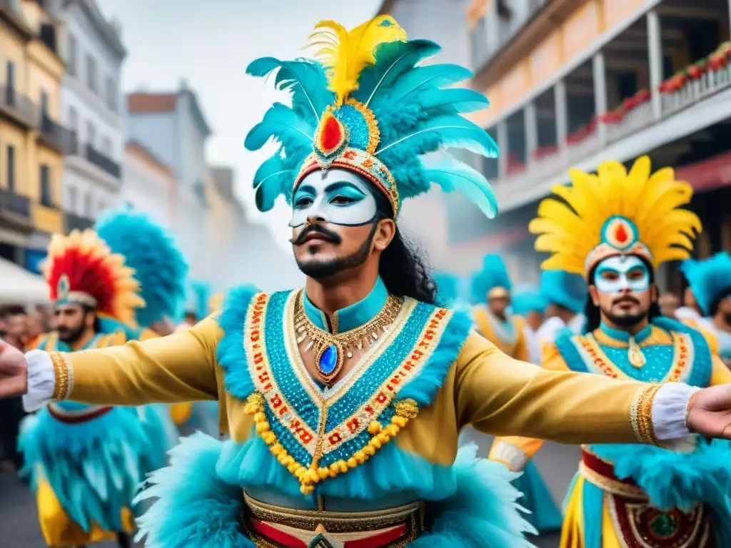 Desfile de Llamadas en Uruguay: Colorido carnaval con trajes adornados y danzas al ritmo de tambores tradicionales