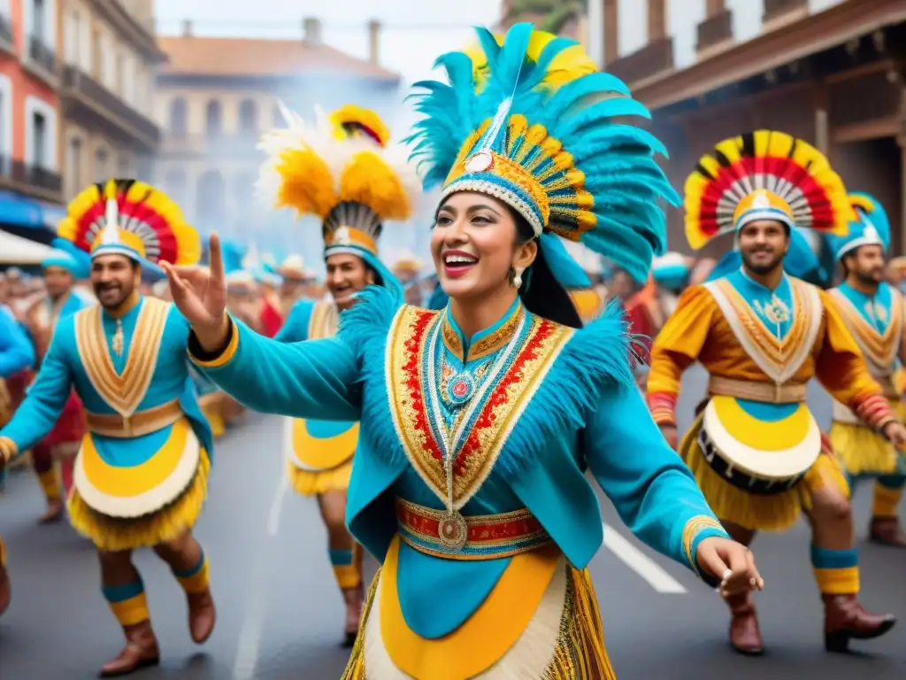 Desfile de llamadas en Uruguay: Colorida pintura de acuarela que muestra vibrantes trajes y músicos en un desfile festivo