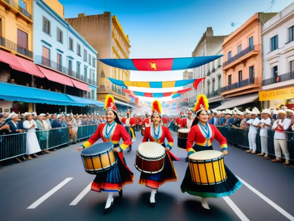 Desfile de Llamadas en Uruguay: Un vibrante cuadro acuarela de la bulliciosa escena callejera con bailarines y espectadores felices