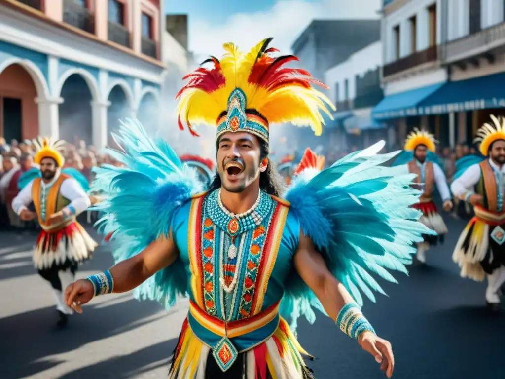 Desfile de llamadas en Uruguay: Vibrante pintura acuarela de un desfile tradicional lleno de color, música y alegría