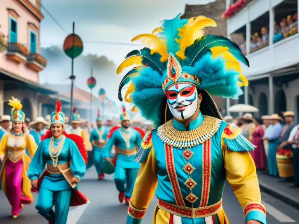 Desfile de Llamadas en Uruguay: vistosa pintura acuarela de escena callejera vibrante con trajes de carnaval y tambores