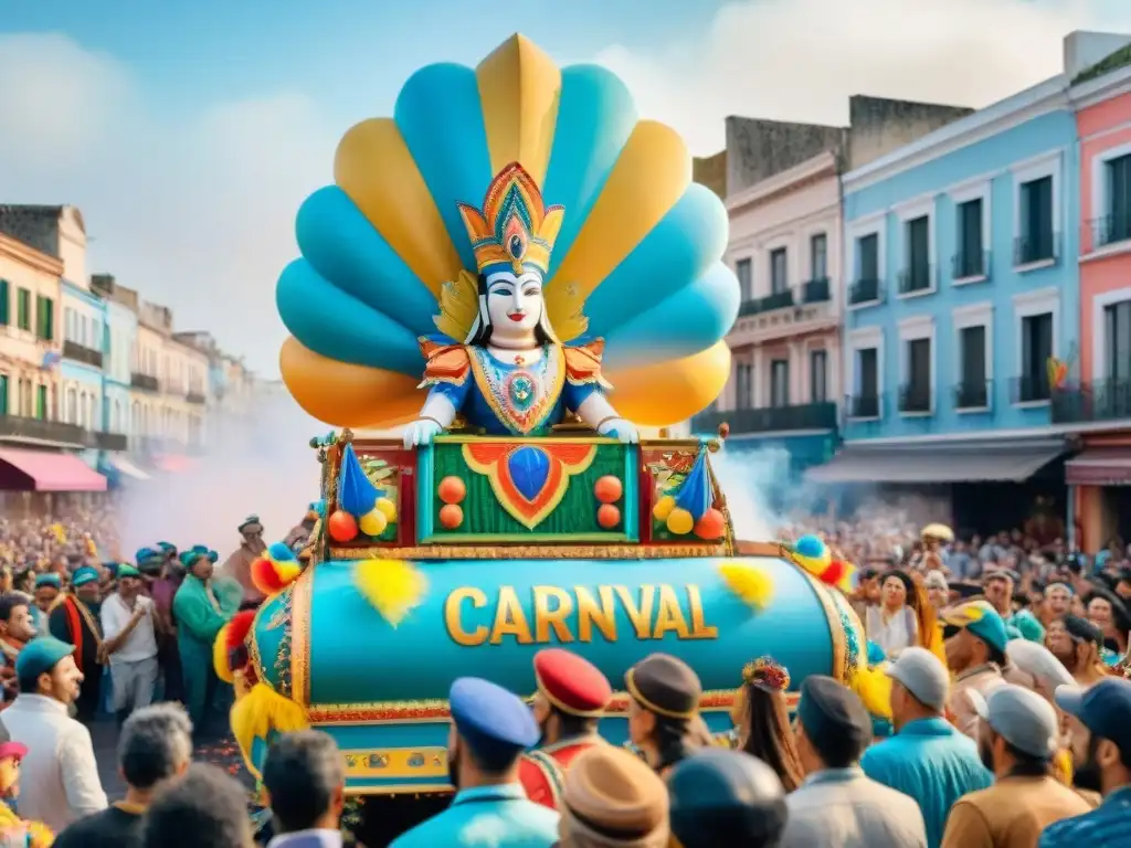 Un desfile lleno de color en el Carnaval Uruguayo, rodeado de alegría y energía festiva