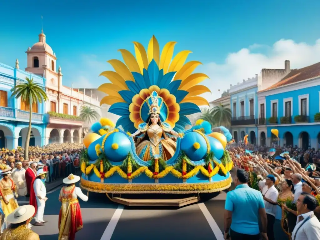 Desfile lujoso en el Carnaval Uruguayo: carroza decorada con flores, bailarines elegantes y arquitectura colonial al fondo