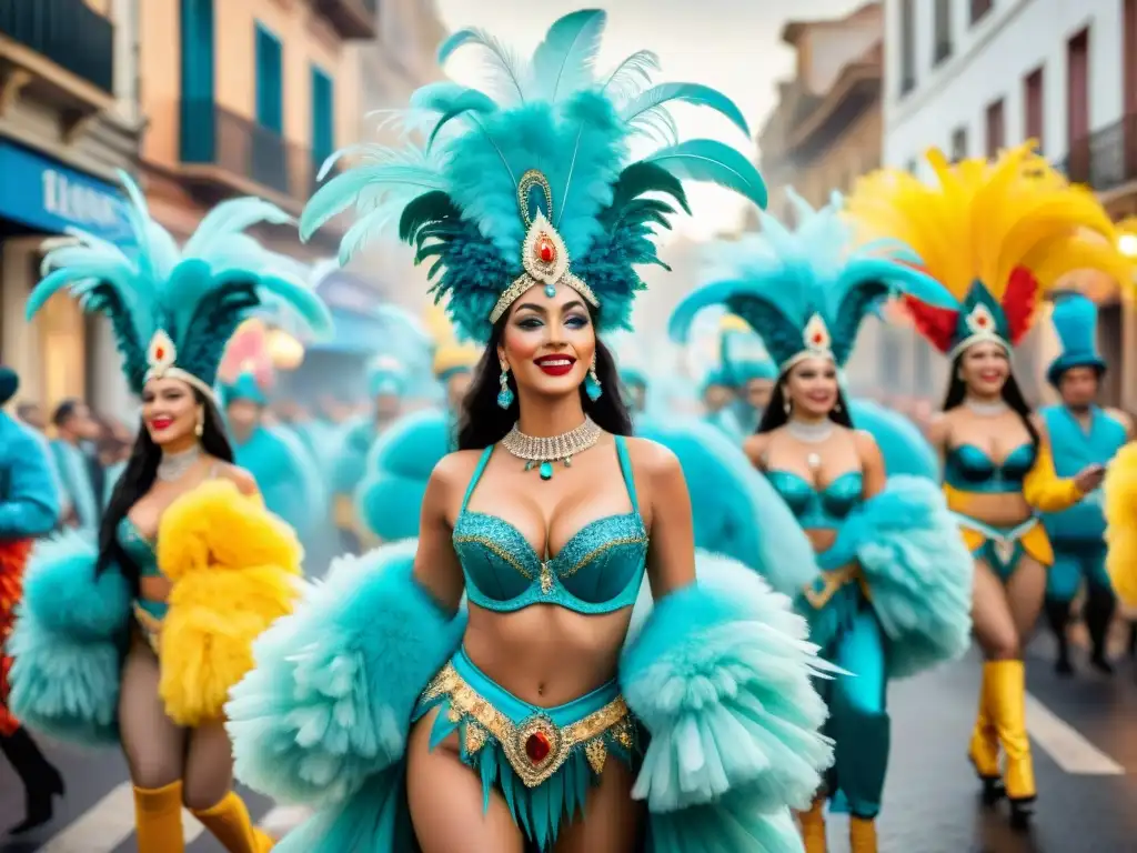 Un desfile lujoso de Carnaval Uruguayo con bailarines, confeti y espectadores en las calles de Montevideo