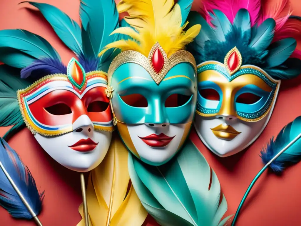 Un desfile de máscaras de Carnaval Uruguayo innovadoras, con plumas, lentejuelas y colores vibrantes