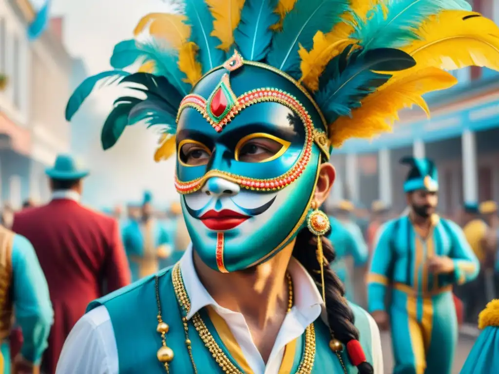 Desfile en miniatura del Carnaval Uruguayo: máscaras coloridas, trajes elaborados y música alegre en una escena detallada y vibrante