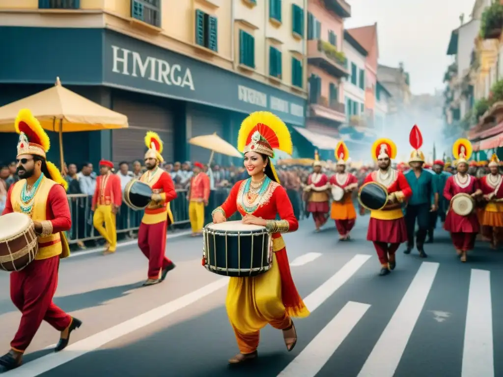 Desfile de murga colorido en la ciudad, fusionando tradición y tecnología