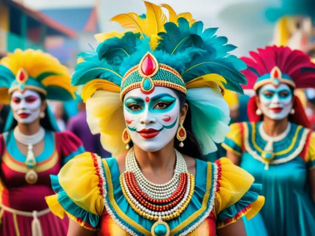 Un desfile de murgas con mujeres vestidas en trajes de Carnaval, transmitiendo participación y empoderamiento femenino en Uruguay