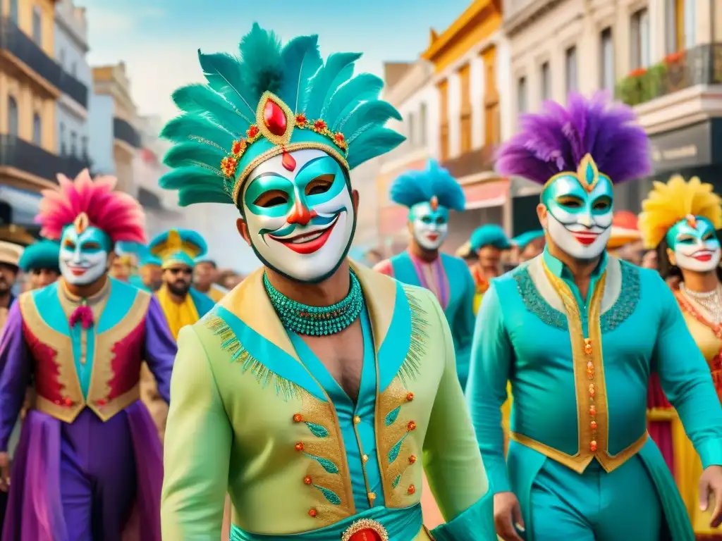 Un desfile de parodistas uruguayos crítica transforman sociedad en Montevideo, con trajes vibrantes y escenas animadas