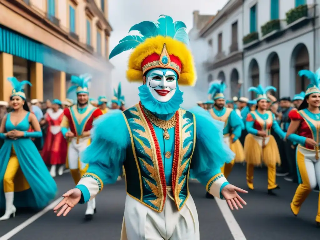 Desfile vibrante en acuarela del Carnaval Uruguay, fusionando tradición y modernidad