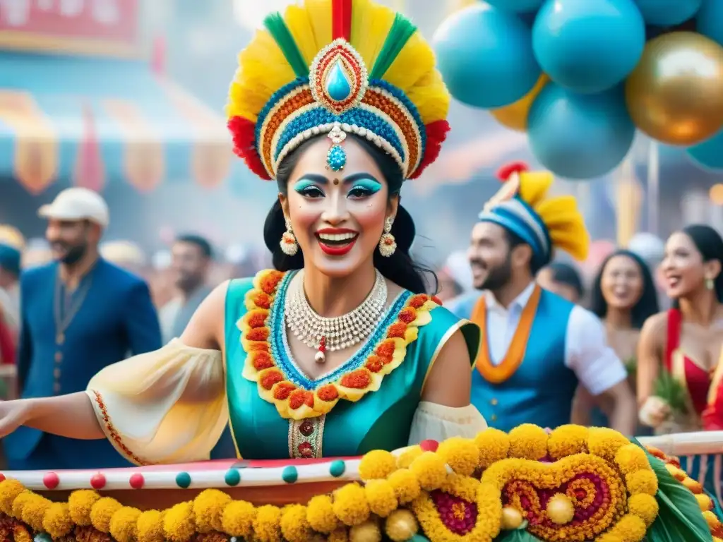 Un desfile vibrante en acuarela con figuras destacadas de la cocina del Carnaval Uruguayo