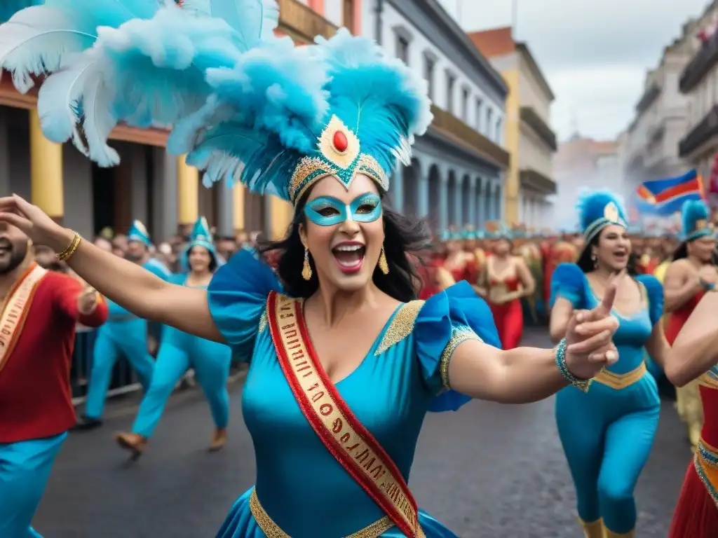 Desfile vibrante y alegre del Carnaval Uruguayo, donde danzarines coloridos y espectadores celebran juntos