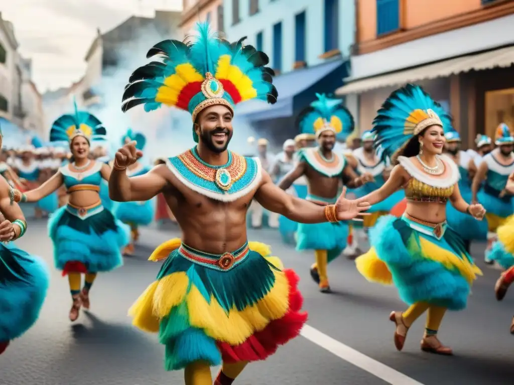 Un desfile vibrante de bailarines alegres en coloridos trajes del Carnaval Uruguayo, celebrando la diáspora con impacto cultural