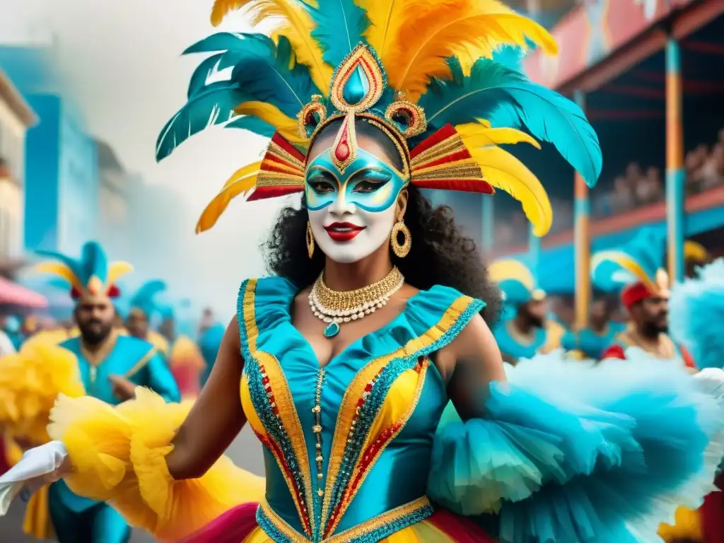 Un desfile vibrante de bailarines de carnaval uruguayo en trajes tradicionales de diferentes décadas, rodeados de símbolos que representan la evolución del carnaval uruguayo a lo largo del tiempo