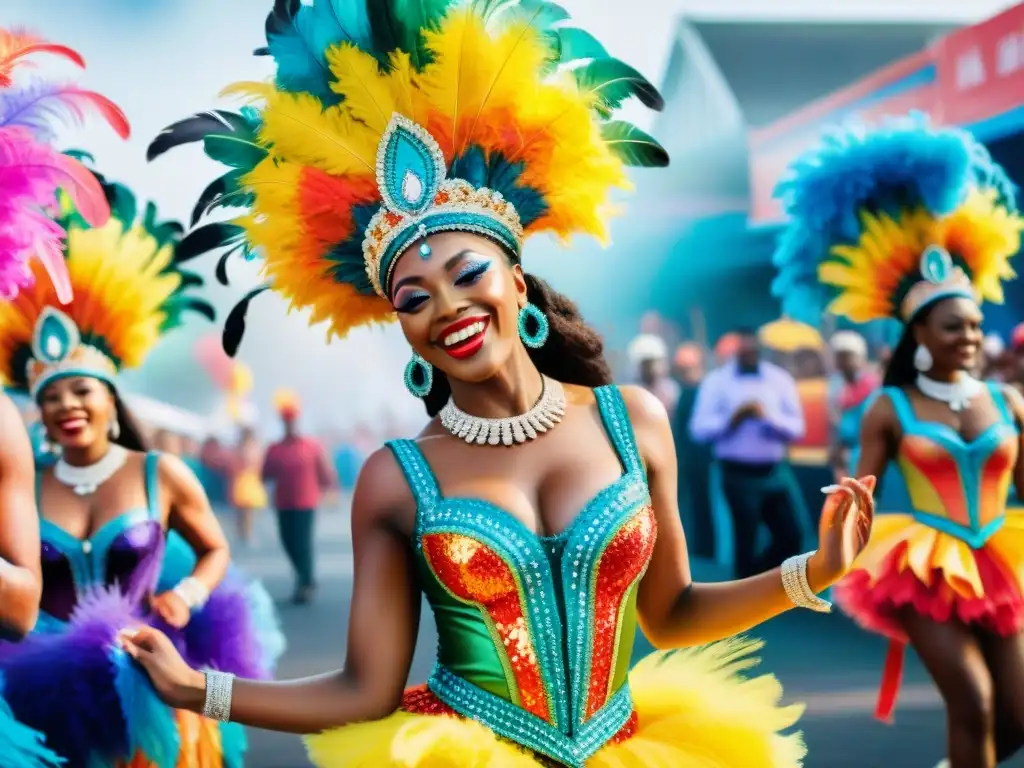 Un desfile vibrante de bailarines de carnaval uruguayos con trajes elaborados, plumas y lentejuelas, en una celebración llena de alegría y color