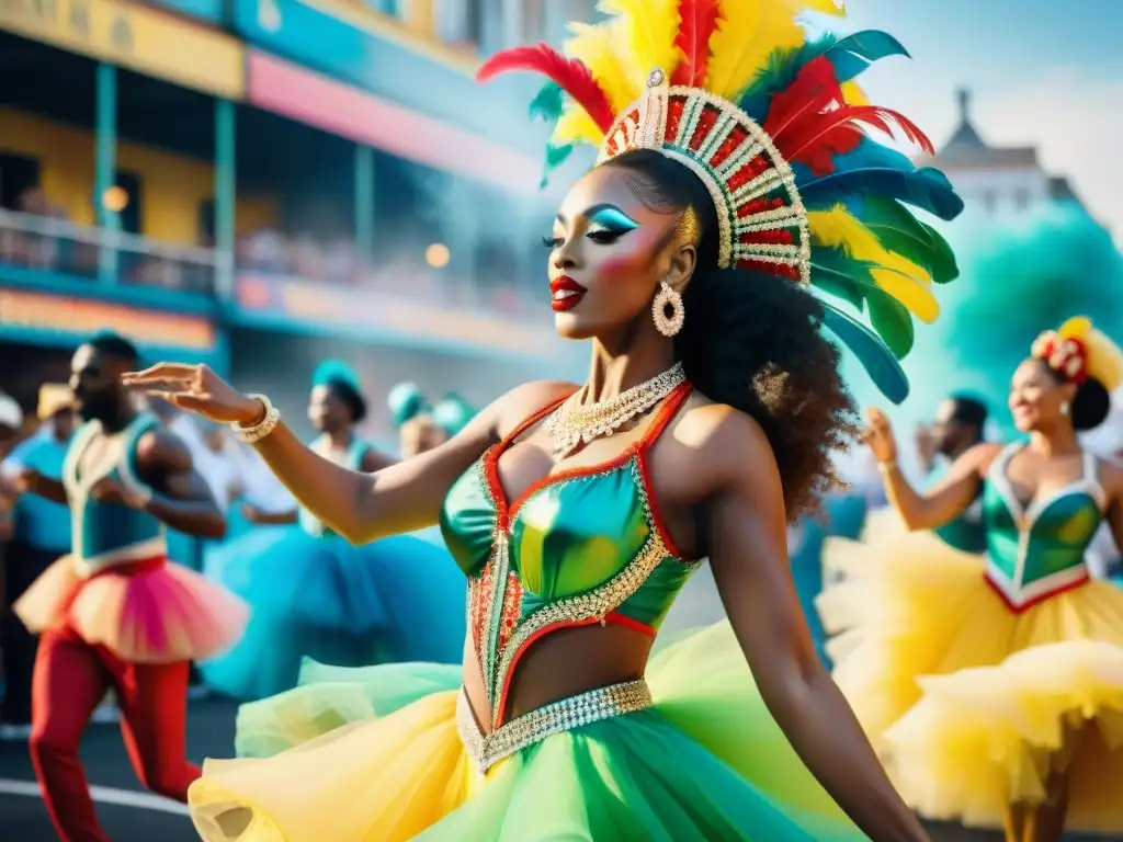 Un desfile vibrante de bailarines de carnaval en movimiento, con trajes coloridos y energía contagiosa