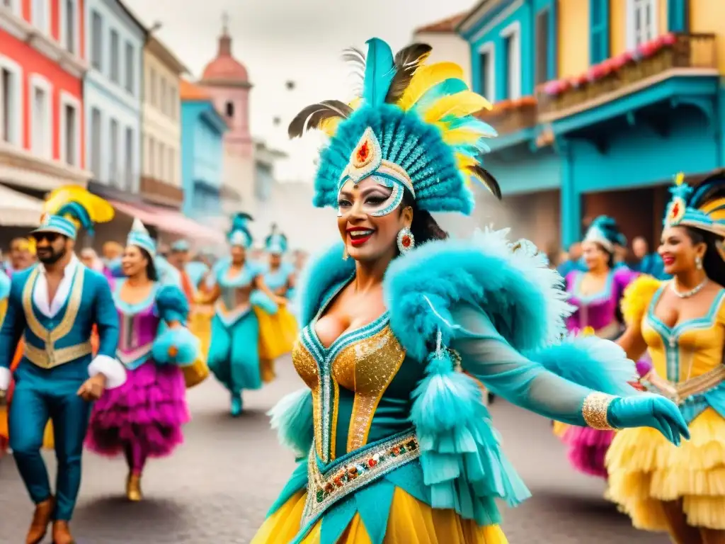 Un desfile vibrante de bailarines en trajes históricos Carnaval Uruguayo