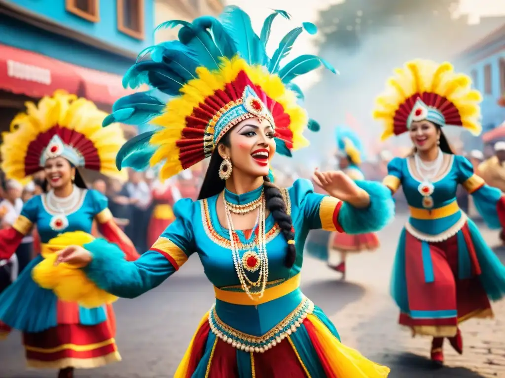 Desfile vibrante de bailarines con trajes tradicionales y máscaras en el Carnaval Uruguayo, marca los mejores eventos