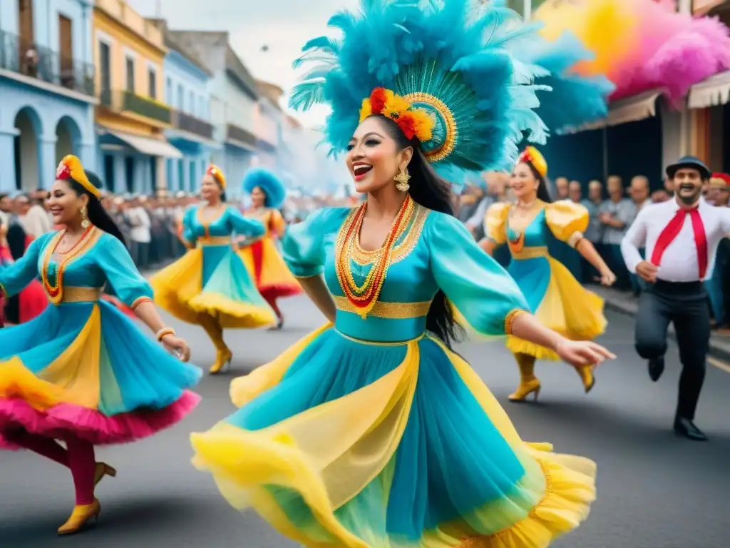 Un desfile vibrante de bailarines en trajes tradicionales, afrontando agotamiento físico en el Carnaval Uruguayo