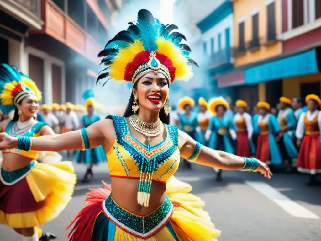 Un desfile vibrante de bailarines en trajes coloridos y detallados, capturando la evolución de las comparsas uruguayas