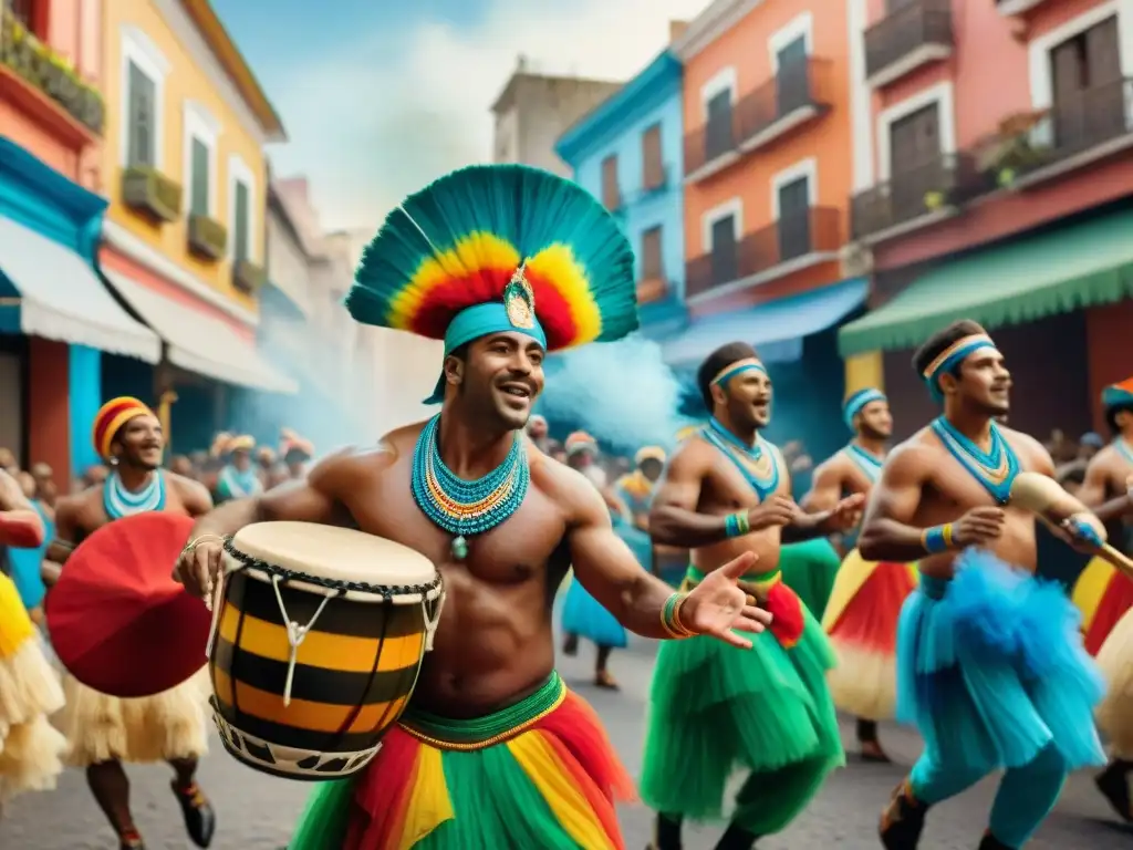 Desfile vibrante de candombe en la ciudad, con músicos, bailarines y espectadores