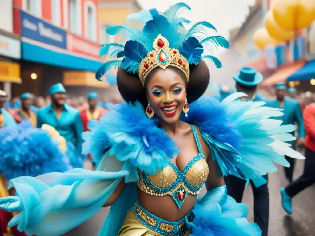 Un desfile vibrante de Carnaval en acuarela, con bailarines en trajes coloridos, expresiones alegres y energía festiva