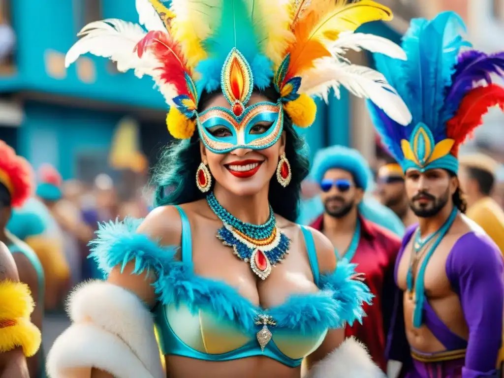 Un desfile vibrante de Carnaval en Uruguay, con agrupaciones LGBT+ en coloridos trajes celebrando juntas con alegría