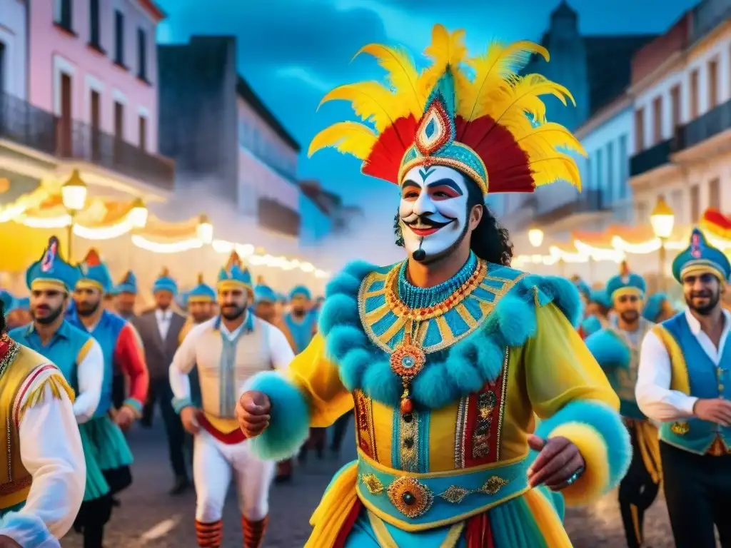 Desfile vibrante de Carnaval en Uruguay, colores y alegría en atuendos y carrozas frente a arquitectura histórica