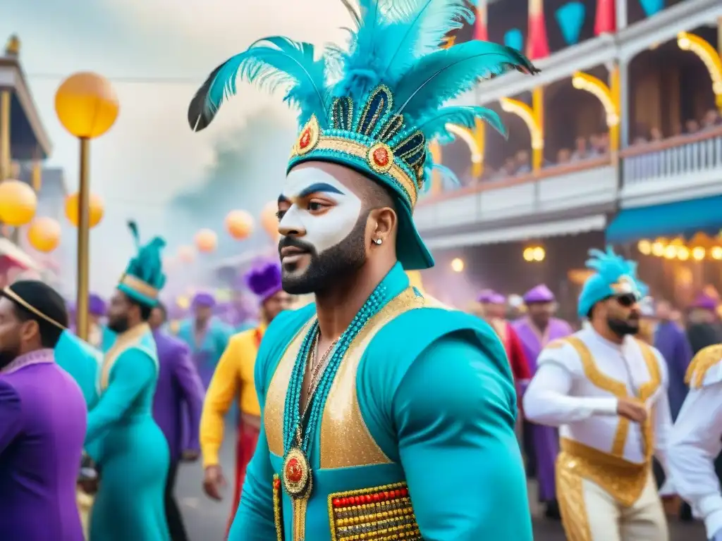 Desfile vibrante de carnaval con bailarines y carrozas, lleno de color y alegría