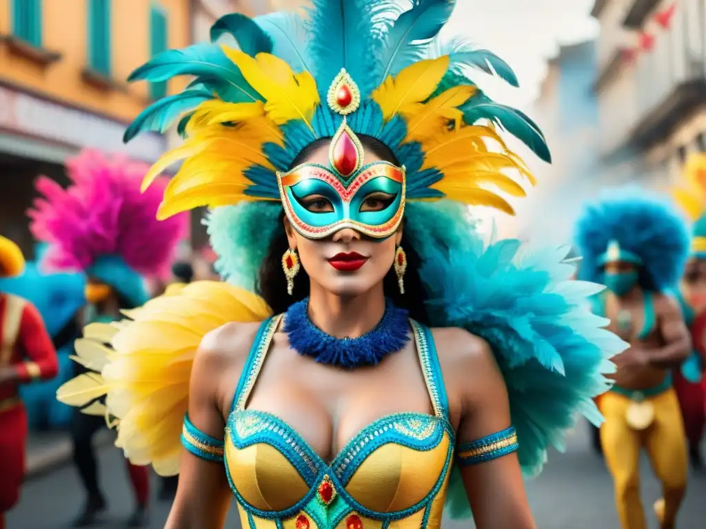 Desfile vibrante del Carnaval en Uruguay con bailarines, carros y espectadores emocionados