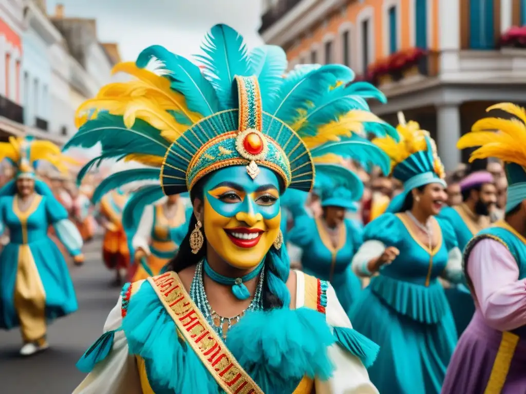 Desfile vibrante de Carnaval en Uruguay, con bailarines y música alegre