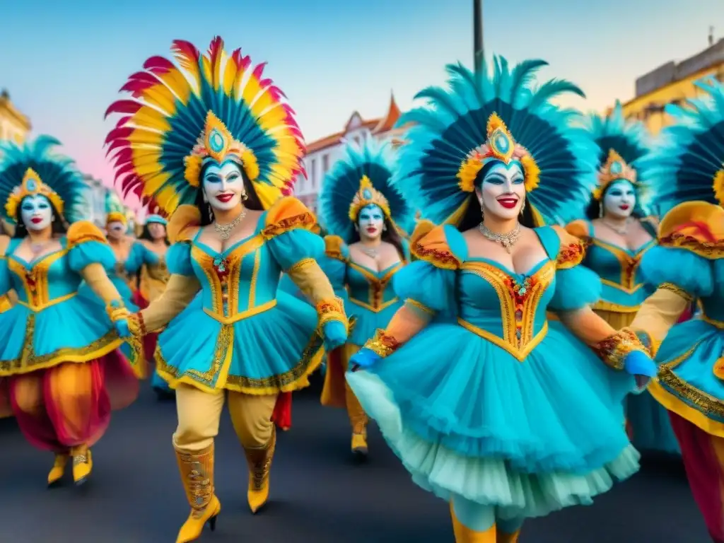 Desfile vibrante de Carnaval en Uruguay con bailarines coloridos y música alegre